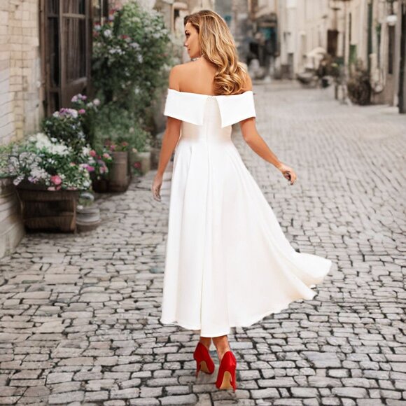 ELAGIA White Off Shoulder Midi Dress A-Line Skirt Maxi Open Back Bride Elegant - Picture 3 of 13